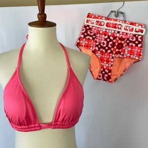 Aerie Coral Orange and Pink Bikini - Solid Top w/ Hi Rise Floral Swim Brief - XS